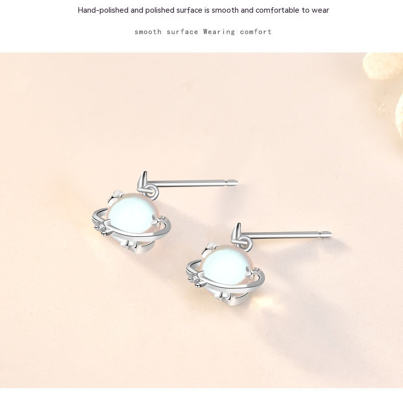 Sterling Silver Moonstone Planet Female South Korea Simple Special Interest Earrings